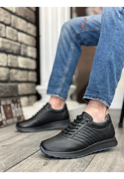 LVO0325 İçi Dışı Hakiki Deri Gizli Bağcık Rahat Taban Siyah Sneakers Casual Erkek Ayakkabı