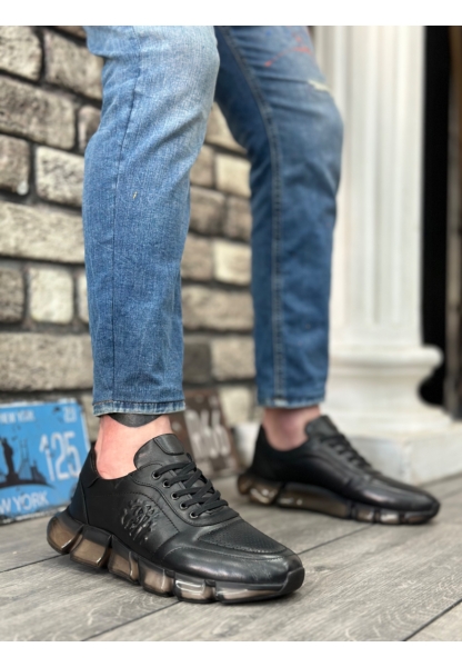 LVO0338 İçi Dışı Hakiki Deri Rahat Taban Siyah Sneakers Casual Erkek Ayakkabı