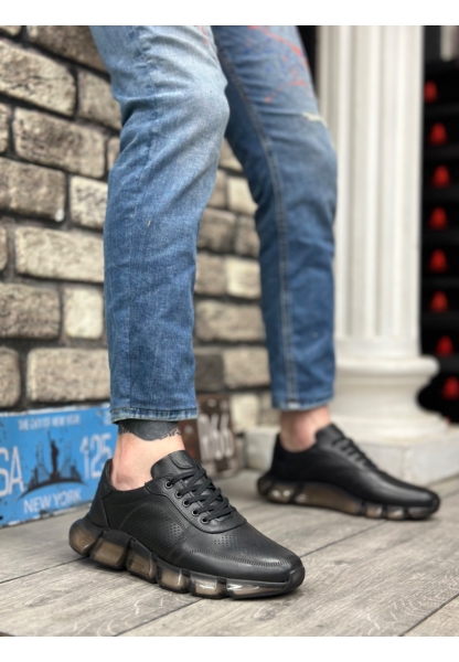 LVO0344 İçi Dışı Hakiki Deri Rahat Taban Siyah Sneakers Casual Erkek Ayakkabı