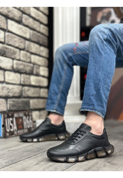 LVO0344 İçi Dışı Hakiki Deri Rahat Taban Siyah Sneakers Casual Erkek Ayakkabı